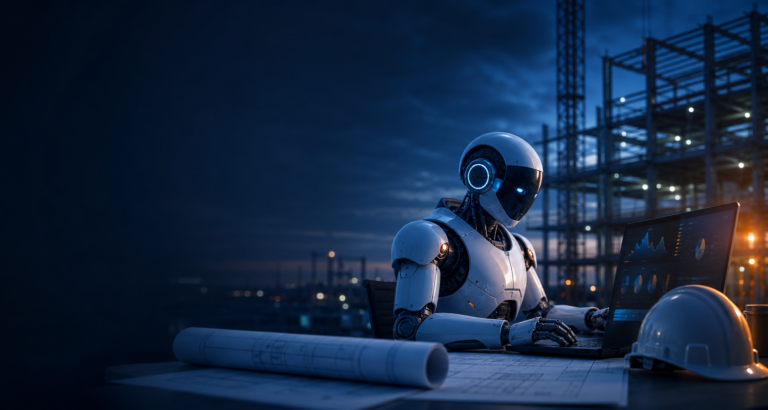 AI project assistant analyzing construction project data at a computer