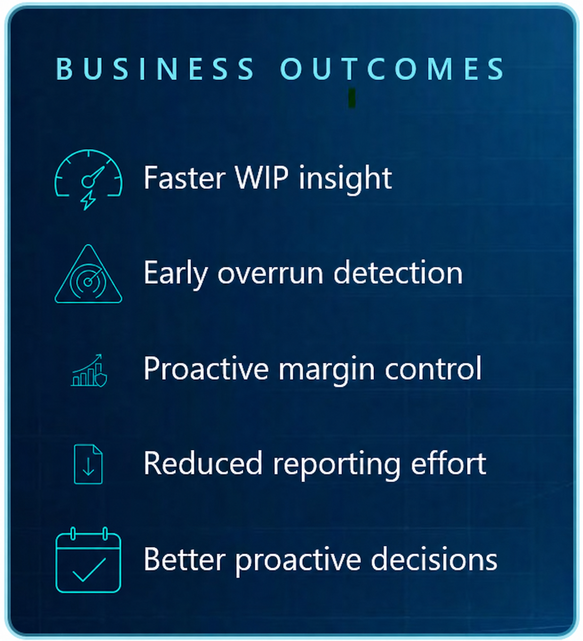 Business outcomes including faster WIP insight