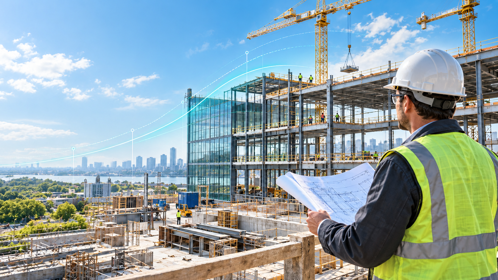 Construction manager reviewing plans at an active building site with a rising forecast graphic