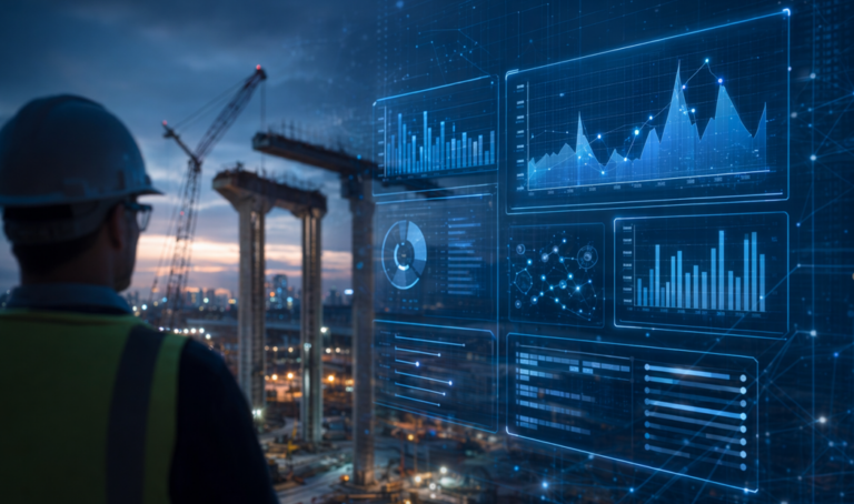 Construction project finance leader viewing AI analytics at a jobsite