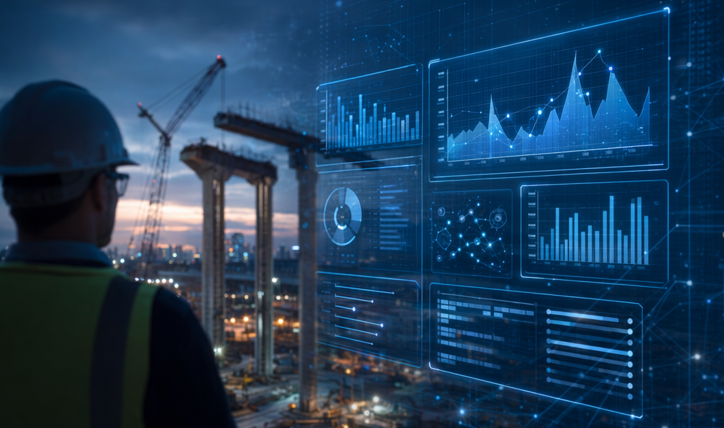 Construction project finance leader viewing AI analytics at a jobsite