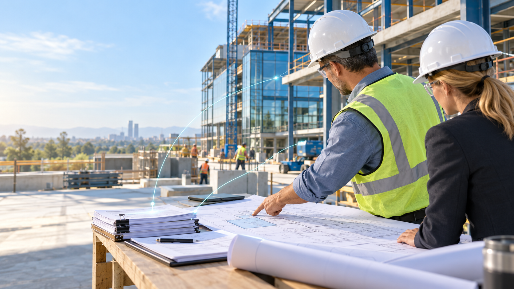 Construction professional reviewing project plans and financial changes at a building site